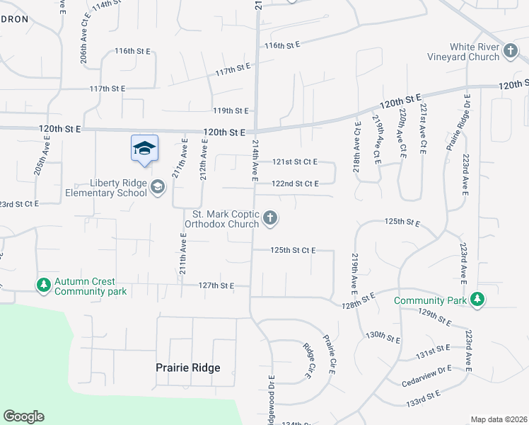 map of restaurants, bars, coffee shops, grocery stores, and more near 12403 214th Avenue East in Sumner