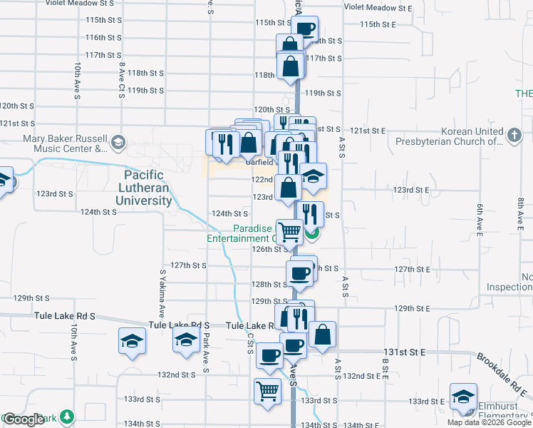 map of restaurants, bars, coffee shops, grocery stores, and more near 315 125th Street South in Tacoma