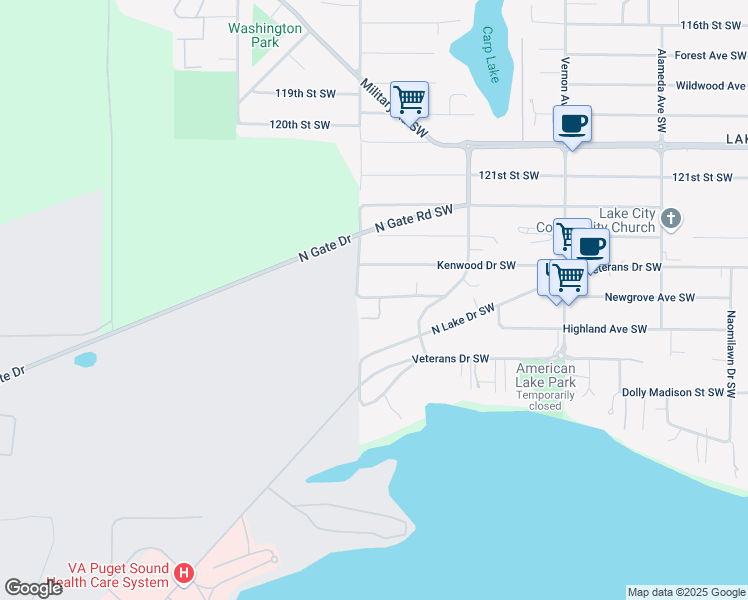 map of restaurants, bars, coffee shops, grocery stores, and more near 12506 98th Avenue Court Southwest in Lakewood