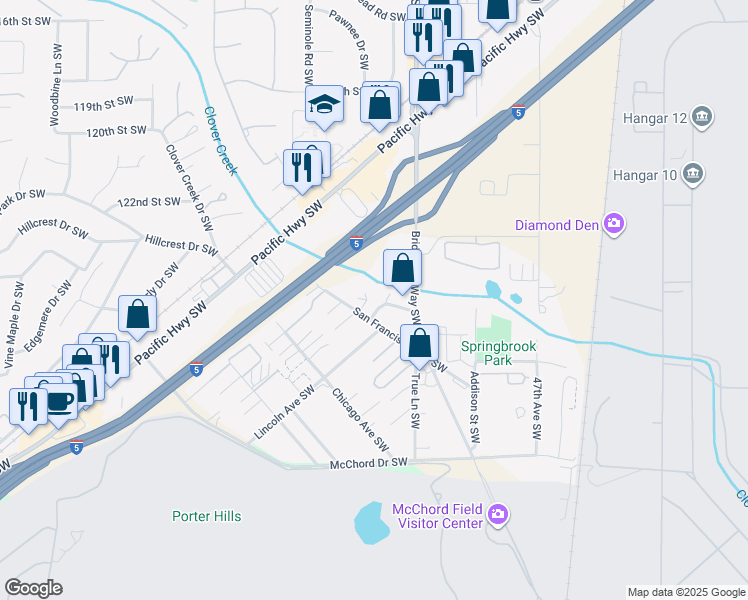 map of restaurants, bars, coffee shops, grocery stores, and more near 5213 Solberg Drive Southwest in Lakewood