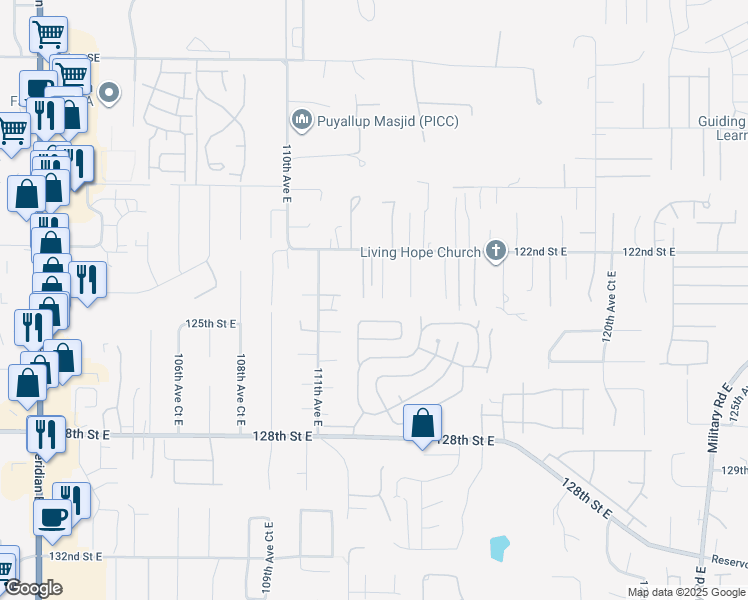 map of restaurants, bars, coffee shops, grocery stores, and more near 11211 124th Street Court East in Puyallup