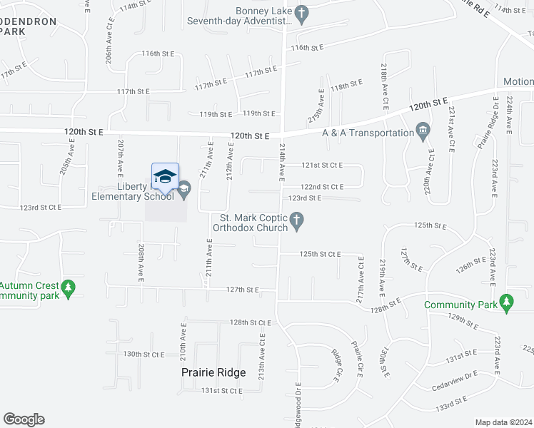 map of restaurants, bars, coffee shops, grocery stores, and more near 21302 123rd Street Court East in Bonney Lake