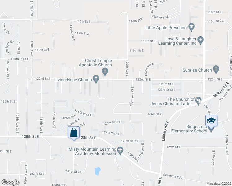 map of restaurants, bars, coffee shops, grocery stores, and more near 12317 118th Avenue Court East in Puyallup