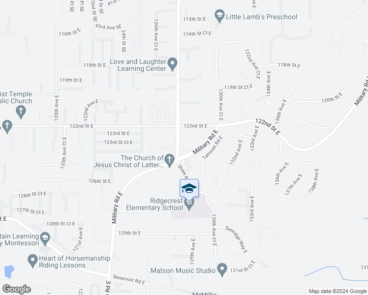 map of restaurants, bars, coffee shops, grocery stores, and more near 12418 129th Avenue East in Puyallup