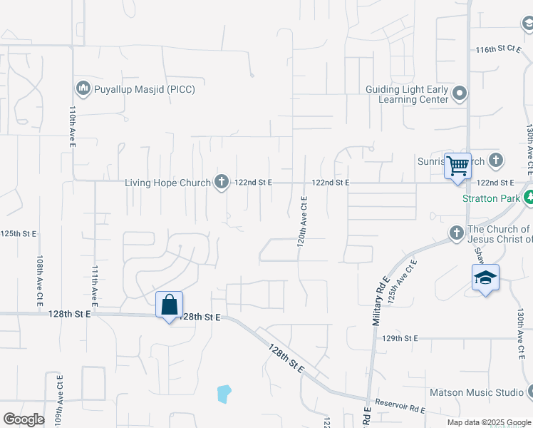 map of restaurants, bars, coffee shops, grocery stores, and more near 11919 124th Street Court East in Puyallup