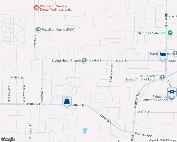map of restaurants, bars, coffee shops, grocery stores, and more near 12309 117th Avenue East in South Hill