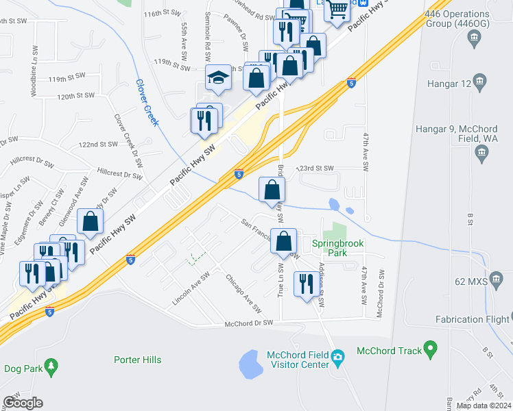 map of restaurants, bars, coffee shops, grocery stores, and more near 5207 Solberg Drive Southwest in Lakewood