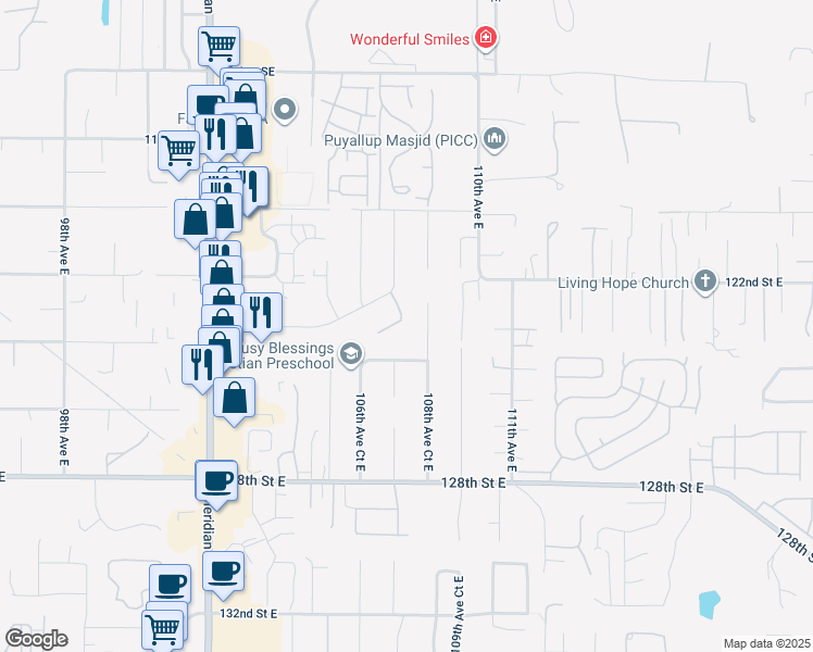 map of restaurants, bars, coffee shops, grocery stores, and more near 12301 108th Avenue Court East in Puyallup
