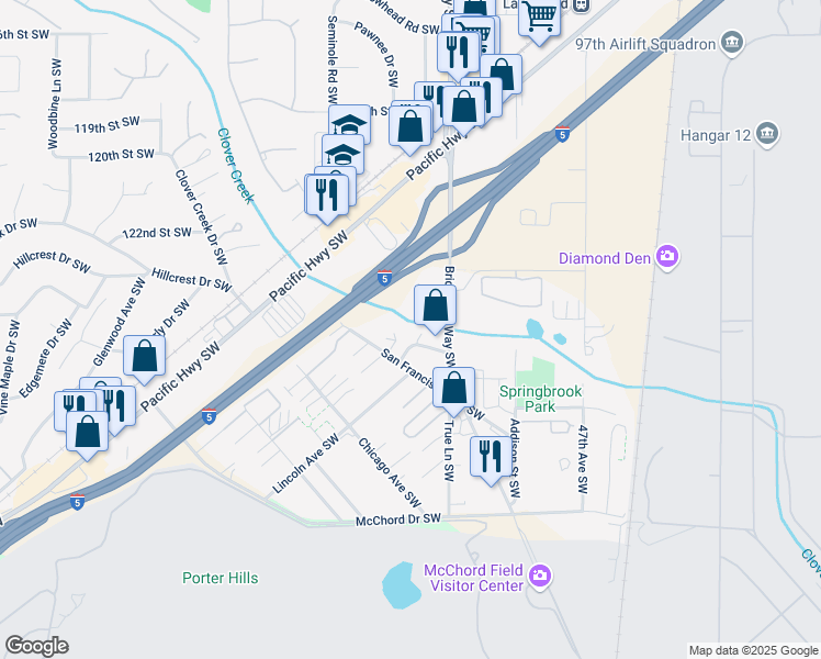 map of restaurants, bars, coffee shops, grocery stores, and more near 5124 Seattle Avenue Southwest in Lakewood