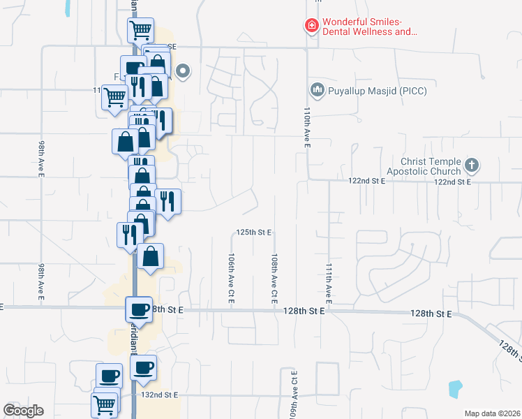 map of restaurants, bars, coffee shops, grocery stores, and more near 12301 108th Avenue Court East in Puyallup