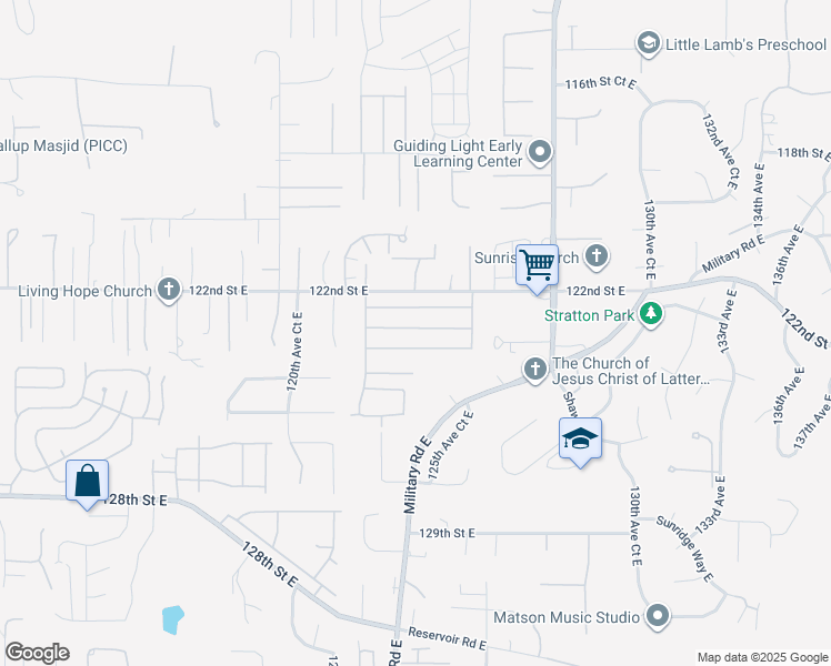 map of restaurants, bars, coffee shops, grocery stores, and more near 12202 122nd Avenue Court East in Puyallup