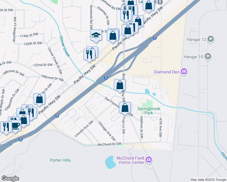 map of restaurants, bars, coffee shops, grocery stores, and more near 5124 Seattle Avenue Southwest in Lakewood