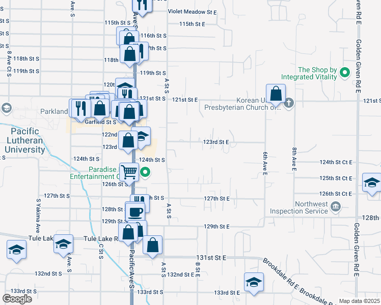 map of restaurants, bars, coffee shops, grocery stores, and more near 161 123rd Street East in Parkland