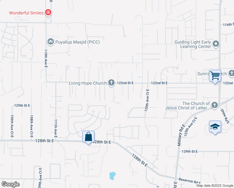 map of restaurants, bars, coffee shops, grocery stores, and more near 12211 117th Avenue East in Puyallup