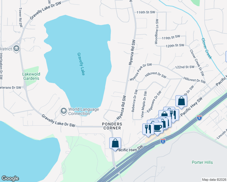 map of restaurants, bars, coffee shops, grocery stores, and more near 6614 Hilltop Lane Southwest in Tacoma