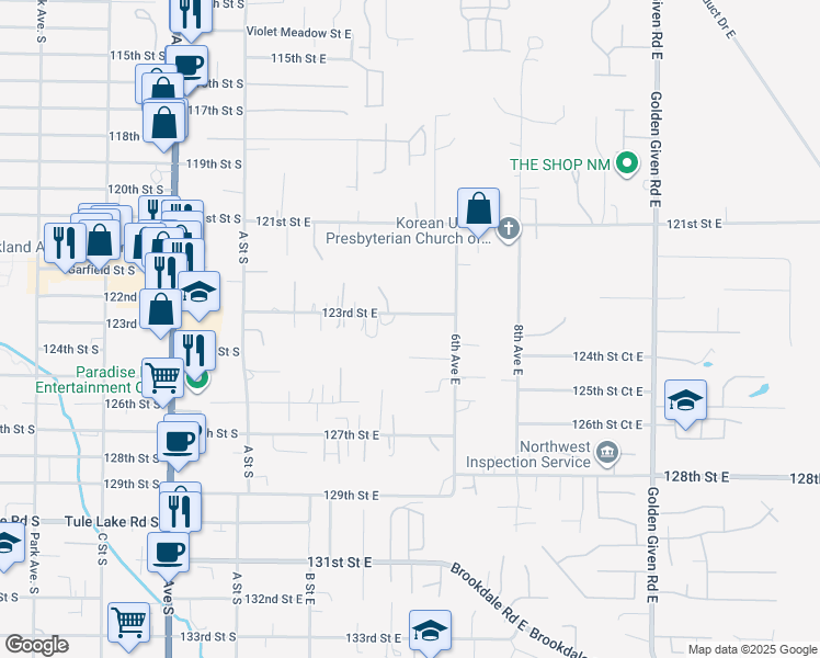 map of restaurants, bars, coffee shops, grocery stores, and more near 420 123rd Street East in Tacoma