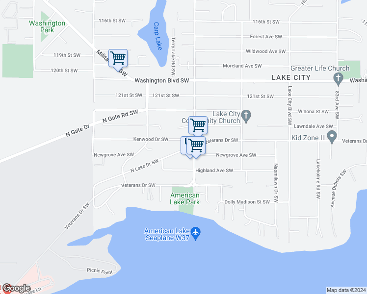 map of restaurants, bars, coffee shops, grocery stores, and more near 9223 North Lake Drive Southwest in Lakewood