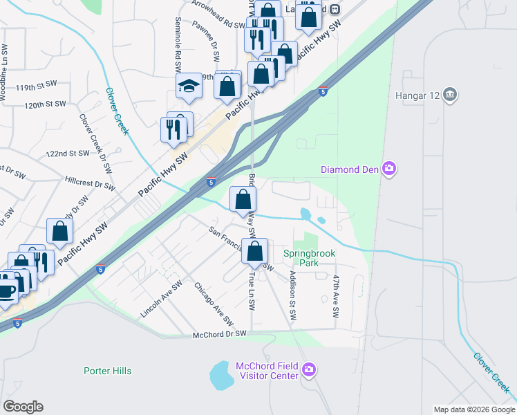 map of restaurants, bars, coffee shops, grocery stores, and more near 12315 Bridgeport Way Southwest in Lakewood