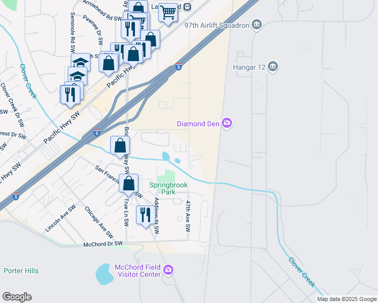 map of restaurants, bars, coffee shops, grocery stores, and more near 4701 124th Street Court Southwest in Lakewood