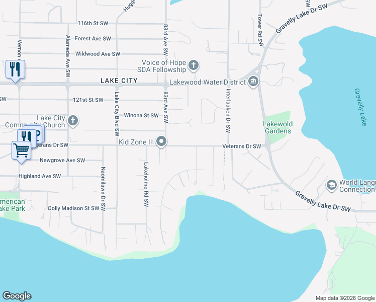 map of restaurants, bars, coffee shops, grocery stores, and more near 8118 Veterans Drive Southwest in Lakewood