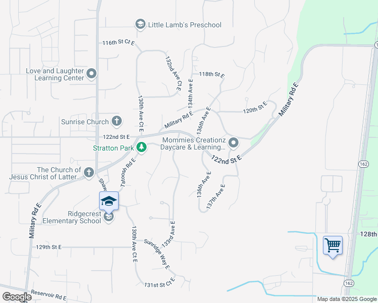 map of restaurants, bars, coffee shops, grocery stores, and more near 12217 133rd Avenue East in Puyallup