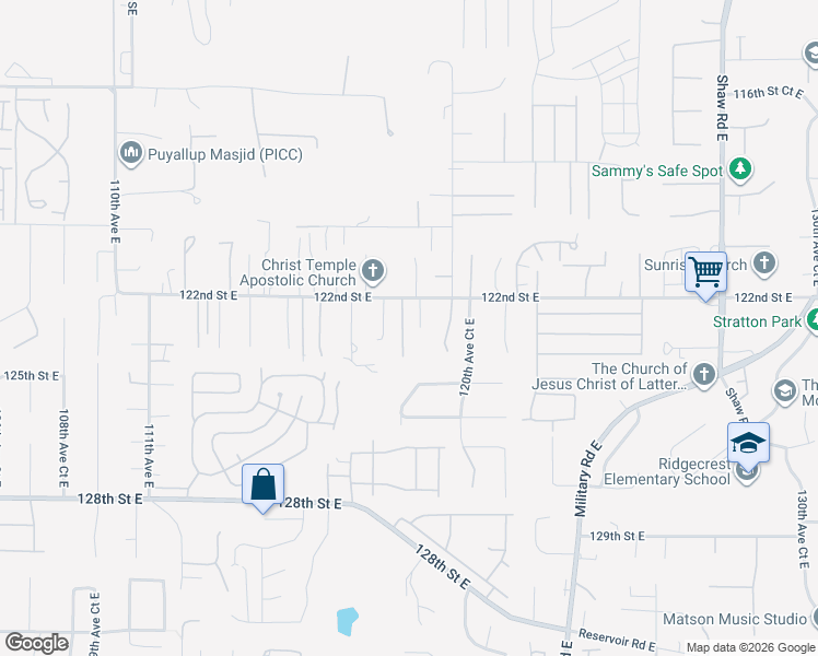 map of restaurants, bars, coffee shops, grocery stores, and more near 12303 118th Avenue Court East in Puyallup