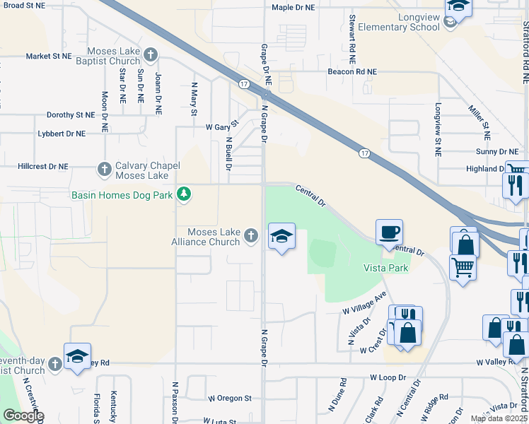 map of restaurants, bars, coffee shops, grocery stores, and more near 1133 North Grape Drive in Moses Lake