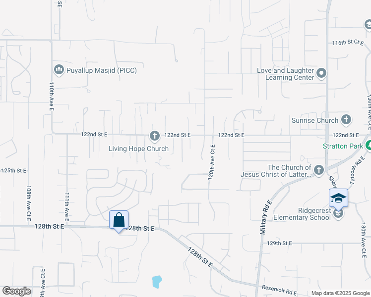 map of restaurants, bars, coffee shops, grocery stores, and more near 11818 122nd Street East in Puyallup