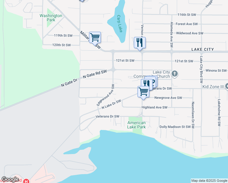 map of restaurants, bars, coffee shops, grocery stores, and more near 9504 Kenwood Drive Southwest in Tacoma