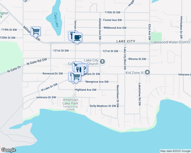 map of restaurants, bars, coffee shops, grocery stores, and more near 8914 Veterans Drive Southwest in Tacoma
