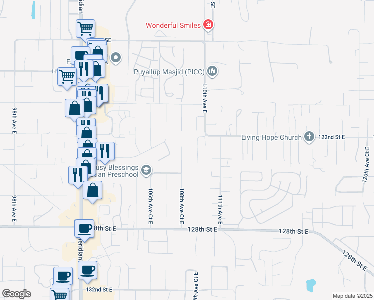 map of restaurants, bars, coffee shops, grocery stores, and more near 12301 108th Avenue Court East in Puyallup