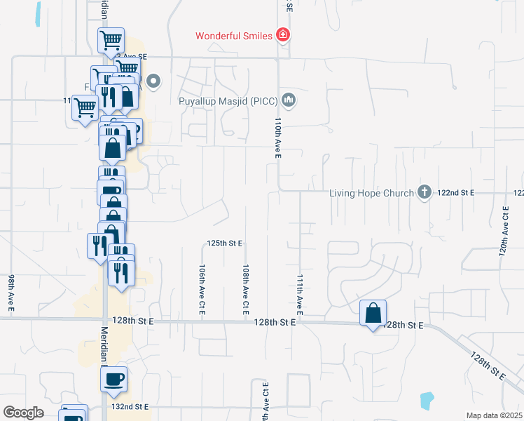 map of restaurants, bars, coffee shops, grocery stores, and more near 12212 109th Avenue Court East in Puyallup