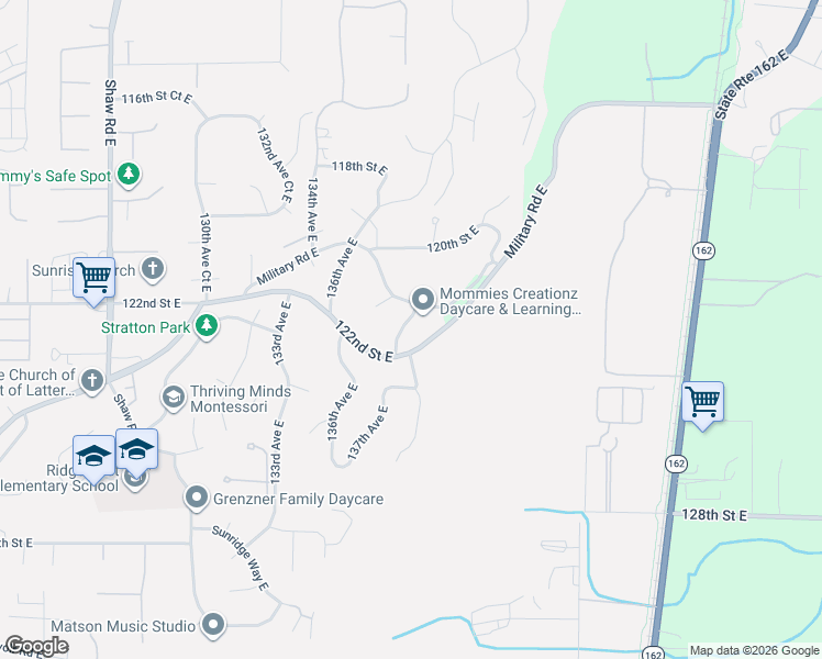 map of restaurants, bars, coffee shops, grocery stores, and more near 12102 138th Avenue East in Puyallup