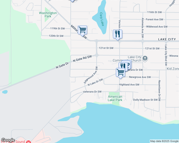 map of restaurants, bars, coffee shops, grocery stores, and more near 9622 Kenwood Drive Southwest in Tacoma