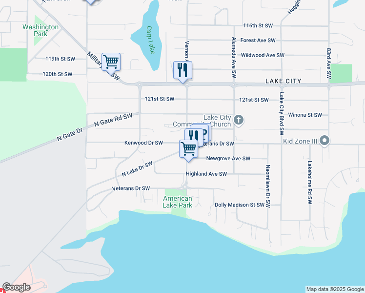 map of restaurants, bars, coffee shops, grocery stores, and more near 9222 Kenwood Drive Southwest in Lakewood