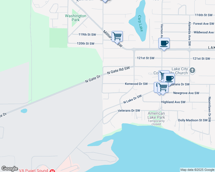 map of restaurants, bars, coffee shops, grocery stores, and more near 9818 Kenwood Drive Southwest in Tacoma