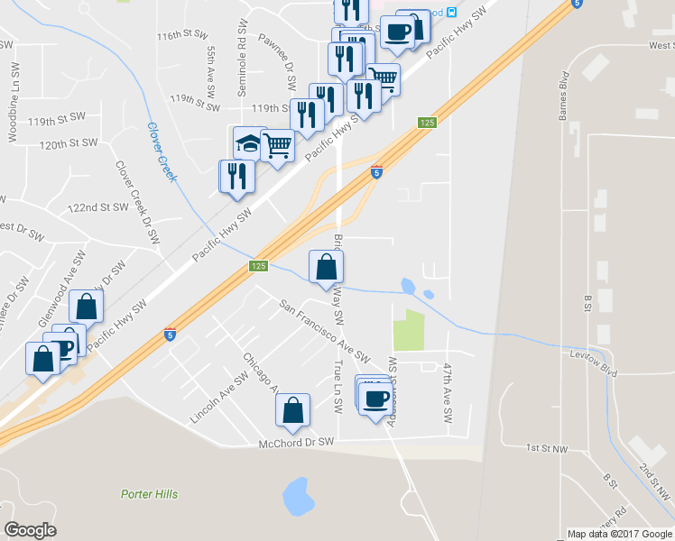 map of restaurants, bars, coffee shops, grocery stores, and more near 12414 Bridgeport Way Southwest in Lakewood