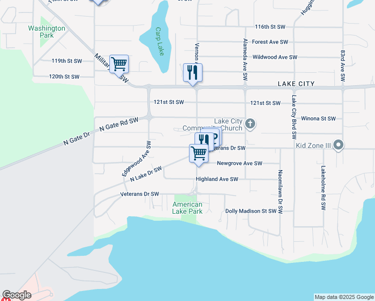map of restaurants, bars, coffee shops, grocery stores, and more near 9222 Kenwood Drive Southwest in Lakewood