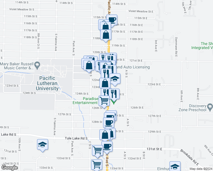 map of restaurants, bars, coffee shops, grocery stores, and more near 12232 Pacific Avenue South in Tacoma