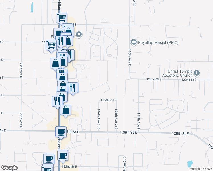 map of restaurants, bars, coffee shops, grocery stores, and more near 10716 123rd Street Court East in Puyallup