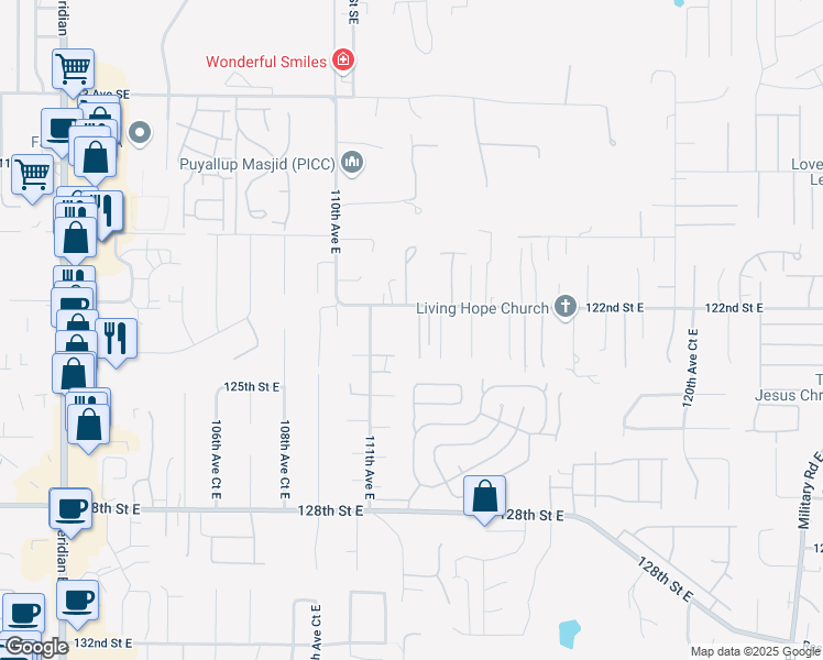 map of restaurants, bars, coffee shops, grocery stores, and more near 12221 111th Avenue East in Puyallup