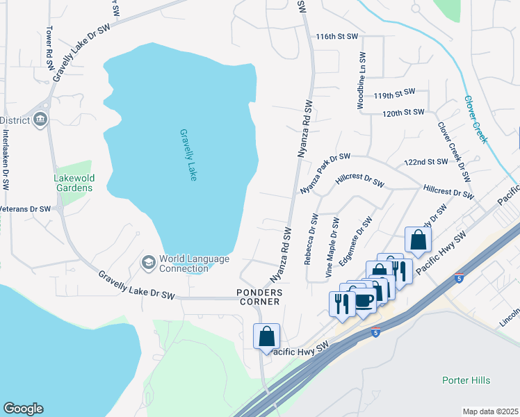 map of restaurants, bars, coffee shops, grocery stores, and more near 6614 Hilltop Lane Southwest in Tacoma