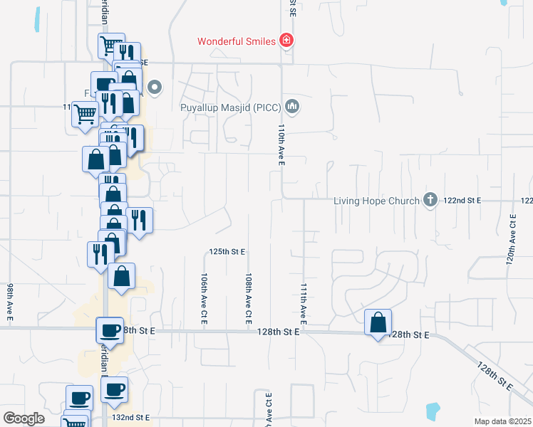 map of restaurants, bars, coffee shops, grocery stores, and more near 12212 109th Avenue Court East in Puyallup