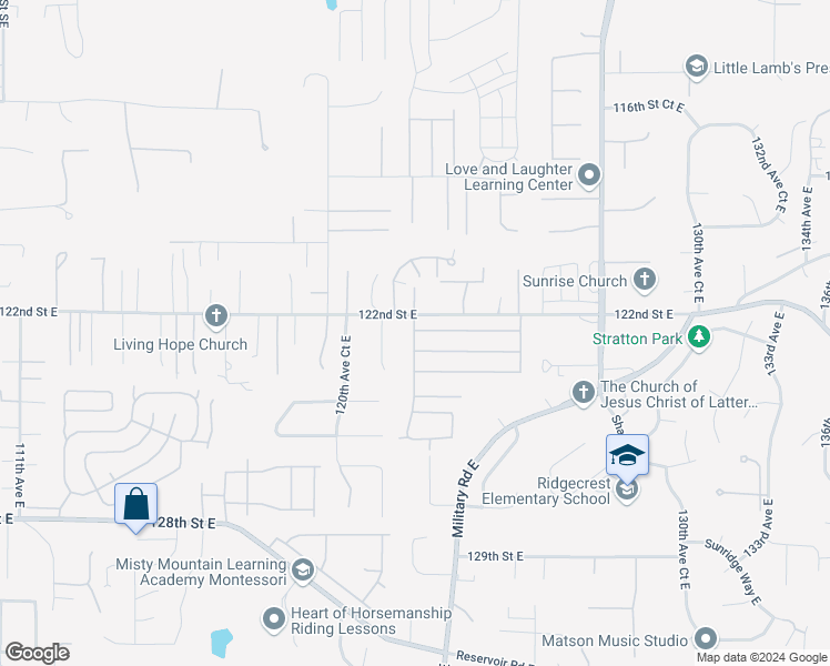 map of restaurants, bars, coffee shops, grocery stores, and more near 12306 122nd Avenue Court East in South Hill