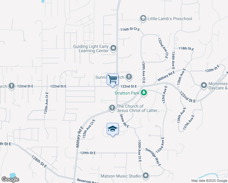 map of restaurants, bars, coffee shops, grocery stores, and more near 12214 Shaw Road East in Puyallup