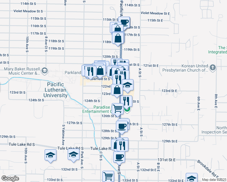 map of restaurants, bars, coffee shops, grocery stores, and more near 303 123rd Street South in Tacoma