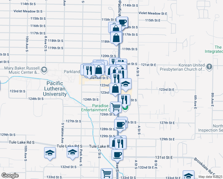 map of restaurants, bars, coffee shops, grocery stores, and more near 303 123rd Street South in Tacoma
