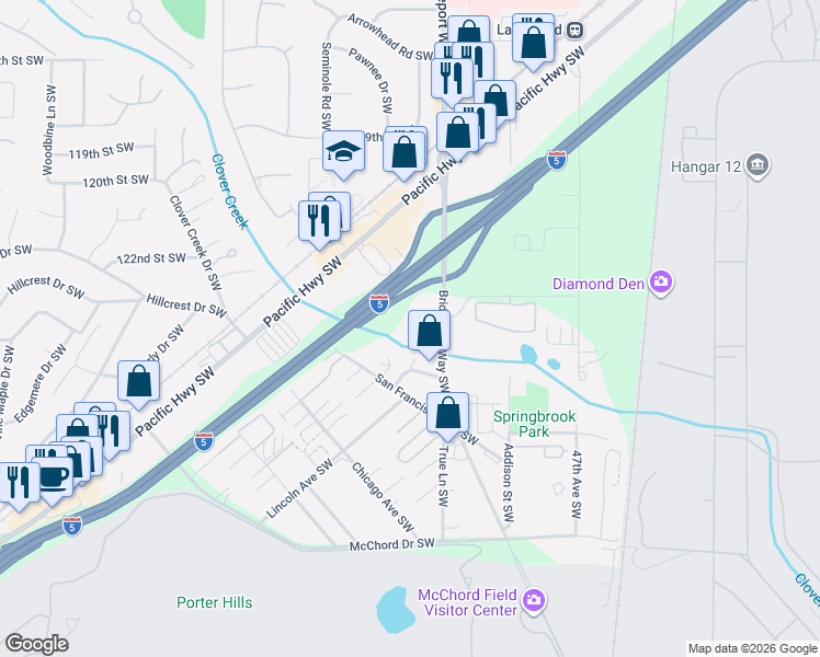 map of restaurants, bars, coffee shops, grocery stores, and more near 5124 Seattle Avenue Southwest in Lakewood