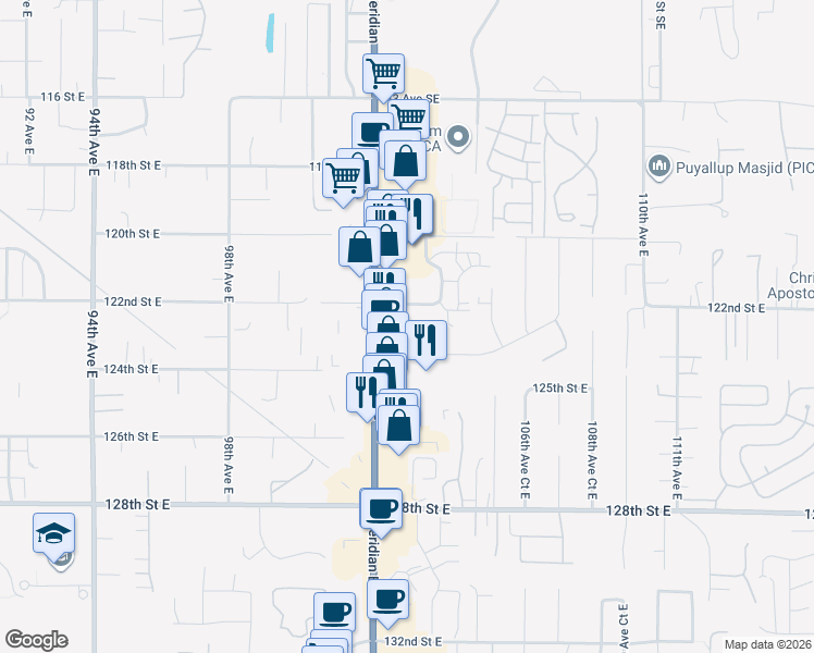 map of restaurants, bars, coffee shops, grocery stores, and more near 10320 122nd Street East in Puyallup