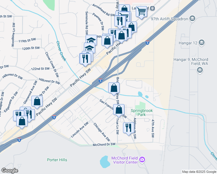 map of restaurants, bars, coffee shops, grocery stores, and more near 5124 Seattle Avenue Southwest in Lakewood